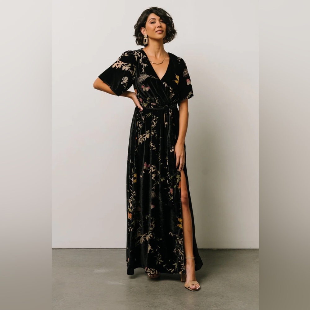 Baltic Born Uma Velvet Maxi Dress - Black butterfly print - size Medium